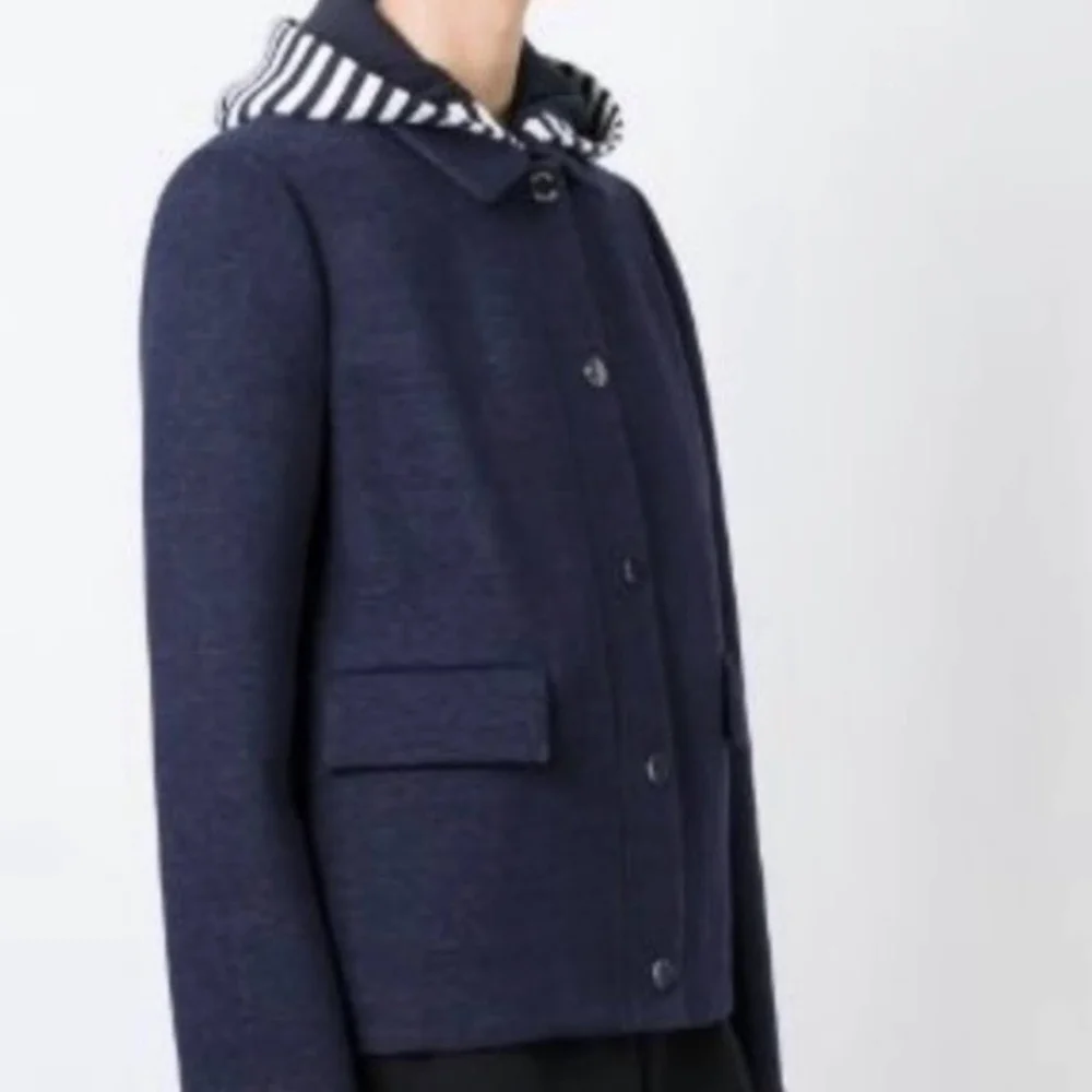 Tory Burch navy blue detachable striped hoodie jacket coat style# 11162501